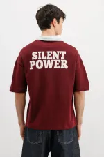 Fermuarlı Yaka Baskılı Oversize Tişört Bordo