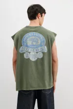 Baskılı Kolsuz Oversize Tişört Haki