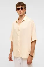 Oversize Striped Short-Sleeved Modal Fabric Shirt, Beige