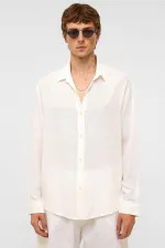 Oversize Uzun Kollu Keten Gömlek Beyaz
