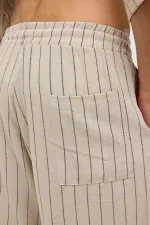 Oversize Çizgili Keten Şort Siyah