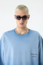 Yıkamalı Crop Tişört Açık Mavi