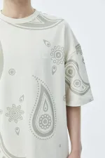 Oversize Desenli Şort Tişört Takım Bej