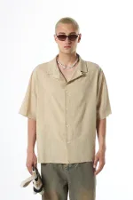 Dikişsiz Kısa Kol Cepsiz Oversize Keten Gömlek Bej