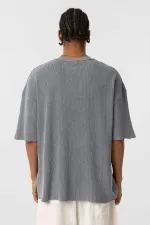 Yıkamalı Oversize Triko Tişört Gri