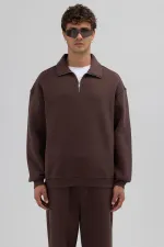 Oversize Zip-Up Stand-Up Collar Sweatshirt, Brown