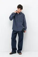 Modal Kumaş Çizgili Oversize Gömlek Lacivert