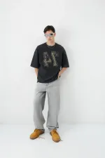 Yıkamalı Baskılı Oversize Tişört Siyah