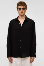 Oversize Uzun Kollu Keten Gömlek Siyah