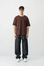 Kısa Kollu Oversize Cepli Tişört Kahve