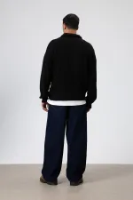 Yarım Fermuarlı Triko Kazak Siyah