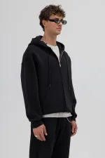 Basic Fermuarlı Oversize Kapüşonlu Sweatshirt Siyah