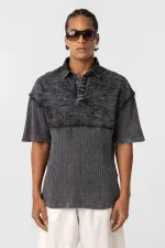 Yıkamalı Oversize Polo Yaka Tişört Siyah