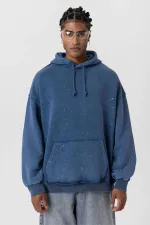 Premıum Yıkamalı Kapüşonlu Oversize Sweatshirt Koyu İndigo