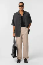 Yıkamalı Gabardin Baggy Pantolon Bej