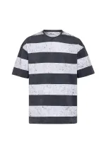 Yıkamalı Şeritli Oversize Tişört Gri - Beyaz