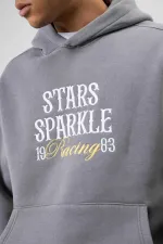 Oversize Nakış Baskılıkapüşonlu Sweatshirt Füme