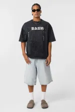 Yıkamalı Oversize Baskılı Tişört Siyah