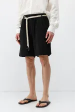 Kemerli Oversize Keten Şort Siyah