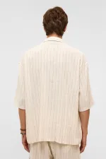 Oversize Çizgili Kısa Kollu Keten Gömlek Vizon