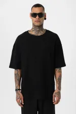 Arka Yazı Baskılı Oversize Triko Tişört Siyah