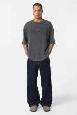 Yıkamalı Arka Baskılı Oversize Tişört Siyah