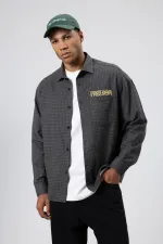 Oversize Baskılı Günlük Kareli Gömlek Vizon