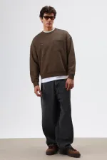 Oversize Bisiklet Yaka Cepli Sweatshirt Kahve