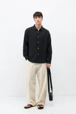 Textured Linen Look Oversize Shirt Black