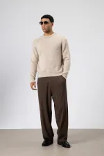 Oversize Yumuşak Dokulu Bisiklet Yaka Kazak Bej