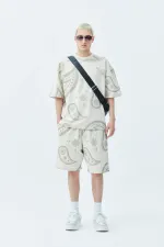 Oversize Desenli Şort Tişört Takım Bej