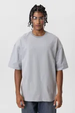 Basic Oversize Bisiklet Yaka Tişört Gri