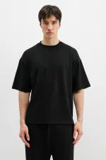 Fitilli Dokulu Oversize Tişört Siyah
