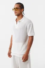 Polo Yaka Triko Oversize Tişört Ekru