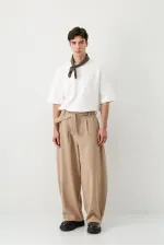 Barrel Fit Tailored Fit Kemerli Pantolon Bej