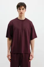 Fitilli Dokulu Oversize Tişört Mürdüm