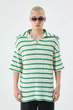 Oversize Çizgili Fermuarlı Yaka Triko Tişört Benetton