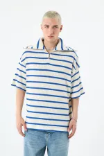 Oversize Çizgili Fermuarlı Yaka Triko Tişört Saks