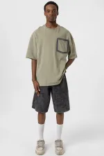 Bisiklet Yaka Cepli Oversize Tişört Haki