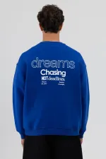 Oversize Bisiklet Yaka Baskılı Sweatshirt Saks