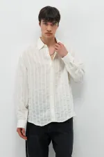 Çizgili Oversize Gömlek Ekru