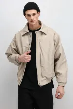 Blouson aviateur oversize en cuir couleur pierre