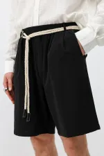 Kemerli Oversize Keten Şort Siyah