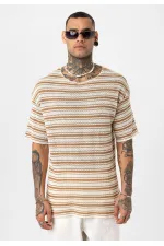 Çizgili Oversize Triko Tişört Camel