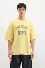 Yıkamalı Yazı Baskılı Oversize Tişört Sarı