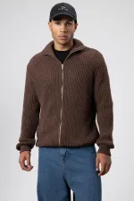 Oversize Zip-Up Knit Cardigan, Mink Color