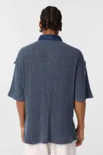 Yıkamalı Oversize Polo Yaka Tişört İndigo