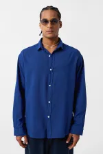 Basic Oversize Pamuk Keten Gömlek Saks Basic Oversize Pamuk Keten Gömlek Saks