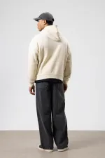 Oversize Baskılı Kapüşonlu Sweatshirt Bej