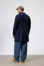 Kemerli Oversize Kaşe Kaban Lacivert